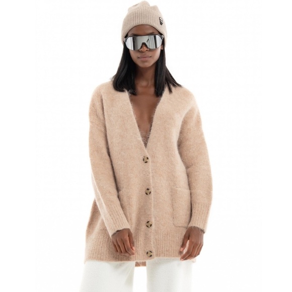 UGG Jaelyn Cardigan Wool Alpaca Oversized Sweater Tan Mohair